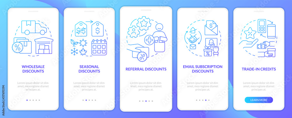 Discount types blue gradient onboarding mobile app screen. Allowances walkthrough 5 steps graphic instructions with linear concepts. UI, UX, GUI template. Myriad Pro-Bold, Regular fonts used