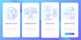 Product values blue gradient onboarding mobile app screen. Business walkthrough 4 steps graphic instructions with linear concepts. UI, UX, GUI template. Myriad Pro-Bold, Regular fonts used