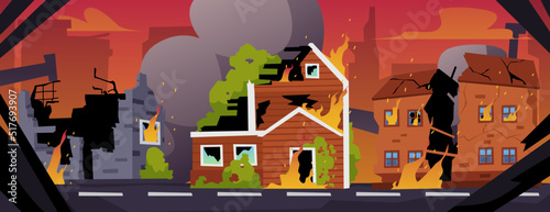 Destroyed city with burning houses, panorama, flat style, vector illustration