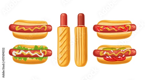 6 different types hotdog with tomato, ketchup, mayo, lettuce, mustard, onion. Vector color flat icon