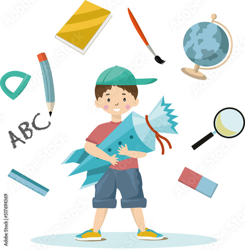 Little cute boy with school bag and school cone going to study.