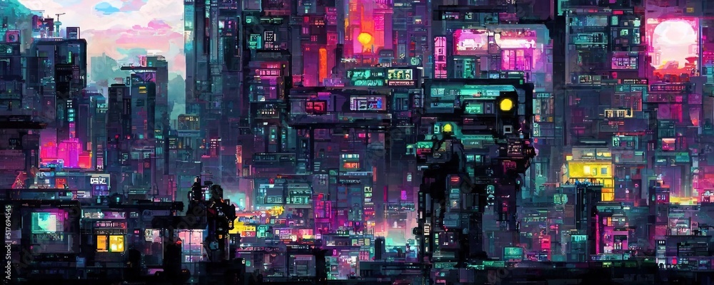 Cyberpunk city street. Sci-fi wallpaper. Futuristic city scene in a style  of pixel art. 80's wallpaper. Retro future 3D illustration. Urban scene.  Stock Illustration