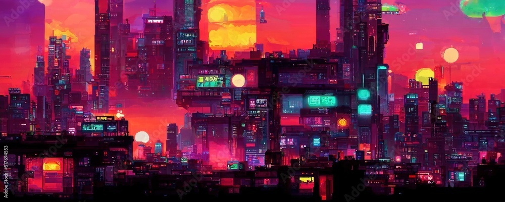 Cyberpunk city street. Sci-fi wallpaper. Futuristic city scene in a style  of pixel art. 80's wallpaper. Retro future 3D illustration. Urban scene.  Stock Illustration