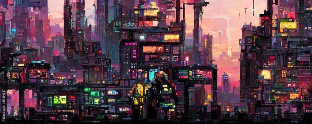 Cyberpunk city street. Sci-fi wallpaper. Futuristic city scene in a style  of pixel art. 80's wallpaper. Retro future 3D illustration. Urban scene.  Stock Illustration