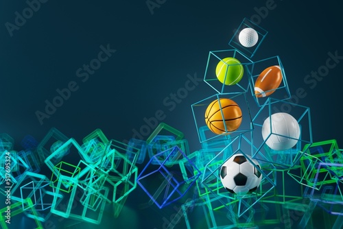 sports ball on sci-fi background. 3d illustrator. competition concept. casino backdrop design. 3d object. champion winner environment. football basketball volleyball golf tennis gameplay. copy space.