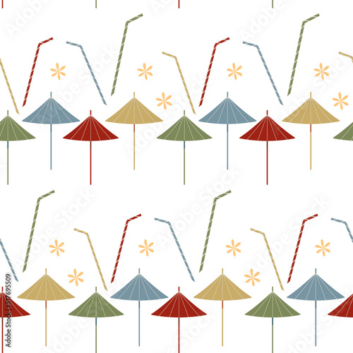 Pattern with an abstract image of colorful cocktail accessories in muted shades.