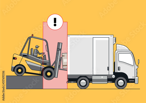 Loading dock hazard concept with overturned forklift and truck. Vector.
