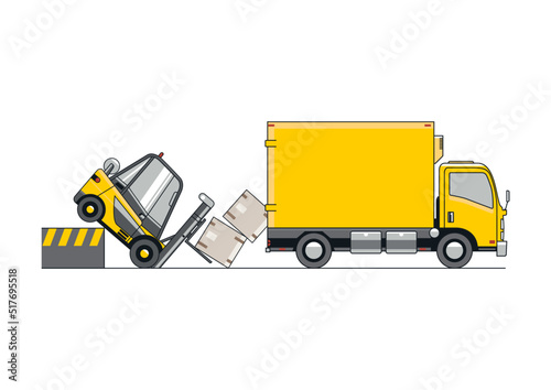 Loading dock hazard concept with overturned forklift and truck. Vector.
