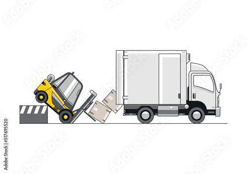 Loading dock hazard concept with overturned forklift and truck. Vector.