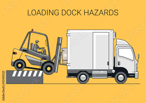 Loading dock hazard concept with overturned forklift and truck. Vector.