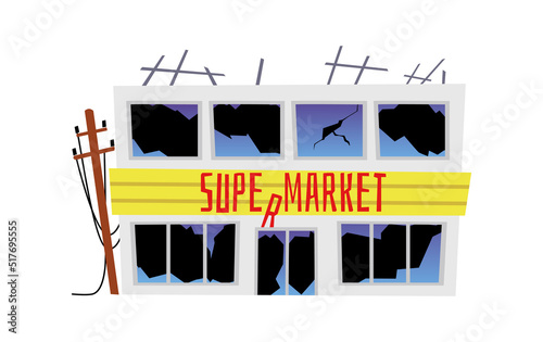 Supermarket building destroyed in earthquake or war, flat vector illustration.