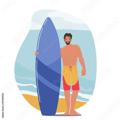 Young Male Character with Surf Board in Hands Stand on Sandy Beach on Summer Resort. Summertime Vacation, Holidays