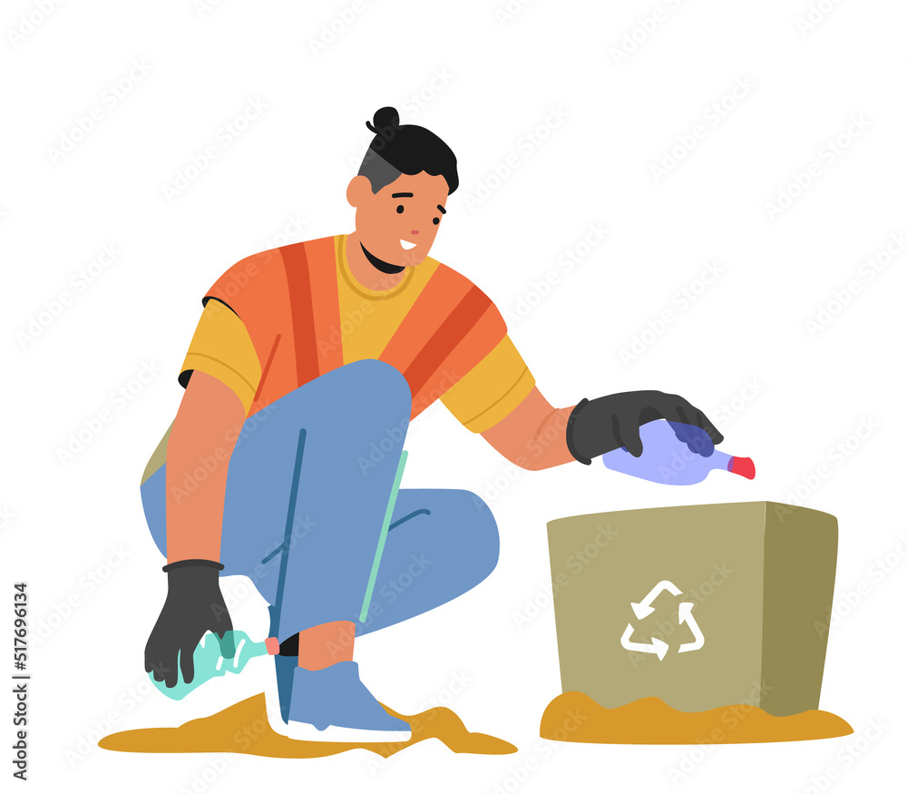 Cleaning Service Concept. Janitor Male Character Street Cleaner Pick Up Trash on Beach City Park and Put into Litter Bin