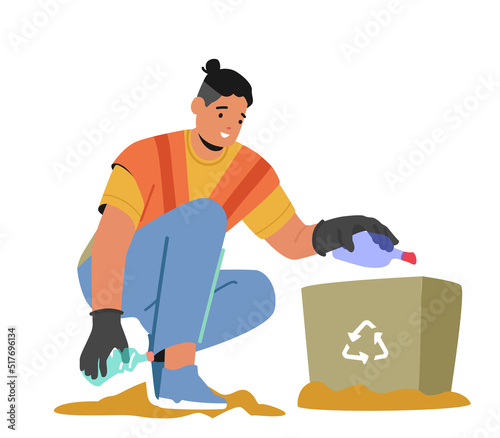 Cleaning Service Concept. Janitor Male Character Street Cleaner Pick Up Trash on Beach City Park and Put into Litter Bin