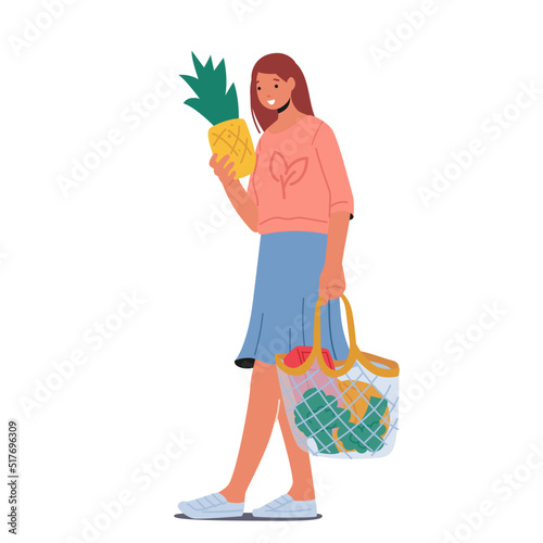 Woman Carry Products in Eco Friendly String Bag Isolated on White Background. Female Character Use Bio Degradable Pack