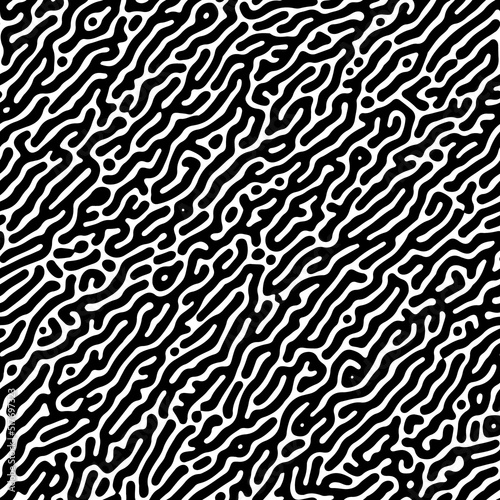 Turing reaction diffusion black seamless pattern with directional motion. Natural background with organic structures. Vector illustration of chemical morphogenesis concept. Curvy doodle labyrinth