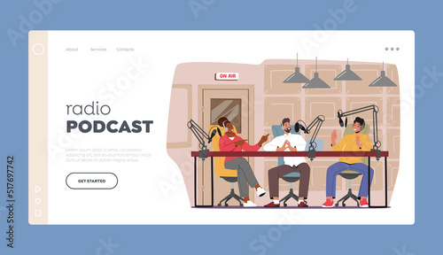 Radio Podcast Landing Page Template. Dj Male and Female Characters Record Online Broadcast. People Sitting at Desk