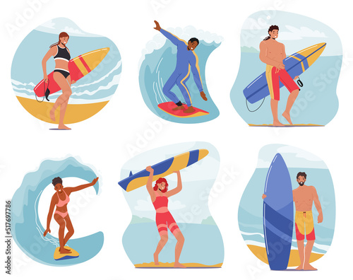 Set of Surfers Summer Activity, Lifestyle. Male and Female Characters, Surfing Sport, Men and Women Riding Surf Boards © Hanna Syvak