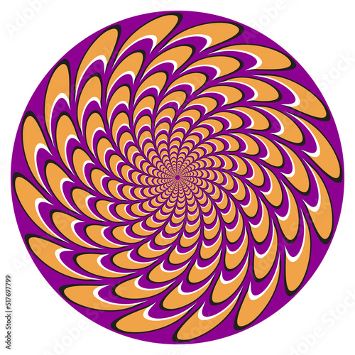 Optical illusion patterned circle of deformed moving shapes. Round pattern for motion background design.