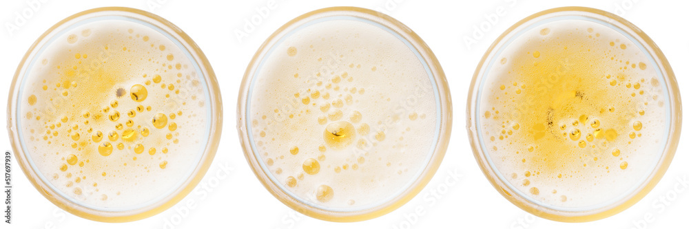 beer bubbles in Glass of light beer top view collection isolated on white, macro beer bubbles in Glass of light beer top view collection isolated on white, macro