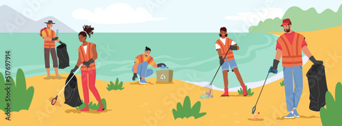People Collecting Trash on Sea Beach, Garbage Pollution, Ecology and Earth Protection Concept with Diverse Volunteers