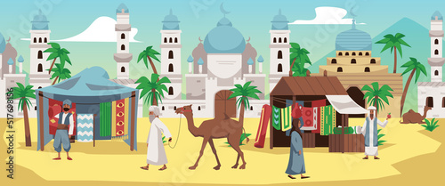 Arabian cityscape with market on the street, merchants selling carpets and camels, flat vector illustration. photo