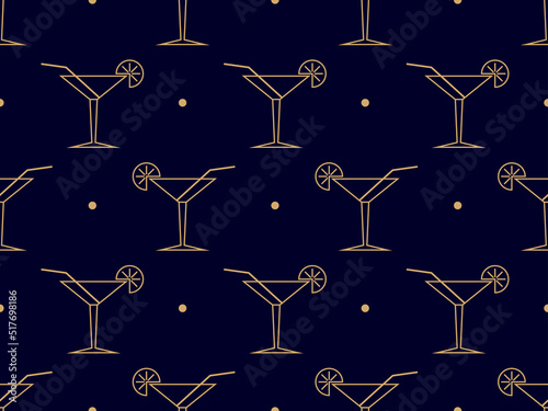 Art deco cocktail seamless pattern. Glass of martini with straws and orange slices of the 1920s - 1930s. Design of bar menus, advertising materials and invitations. Vector illustration