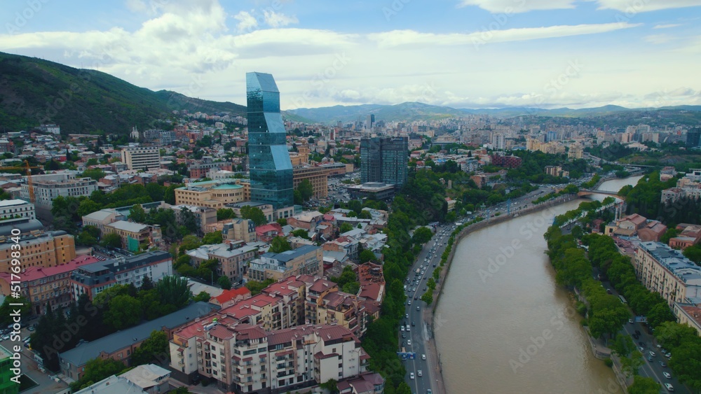 Obraz premium scenic drone shot view of Tbilisi and river Mtkvari, Georgia, Europe. High quality photo