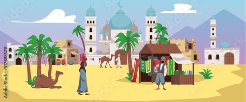 Arabian landscape with buildings, people, market and camels flat style