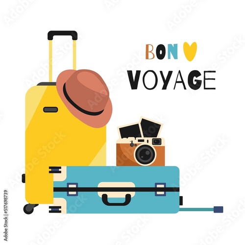 Travel Suitcases, camera and hat. Inscription Bon Voyage. Isolated Elements for your Travel design. Flat vector illustration.