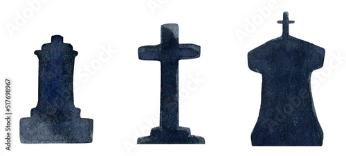 set of black tombs isolated on a white background, hand painted watercolor grave photo