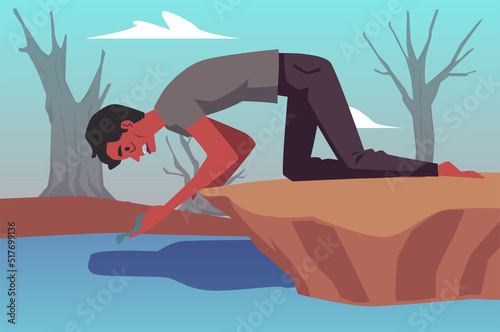 Thirsty man finding drinking water ecological concept, flat vector illustration.