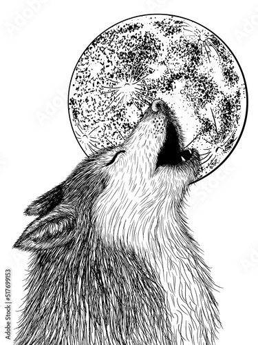 Vector illustration of a wolf howling at the moon in engraving style