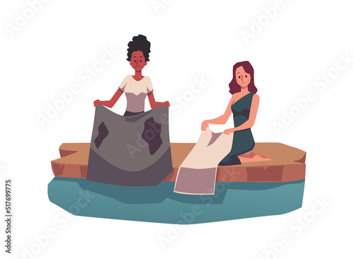 Sad young women washing clothes in pond flat style, vector illustration
