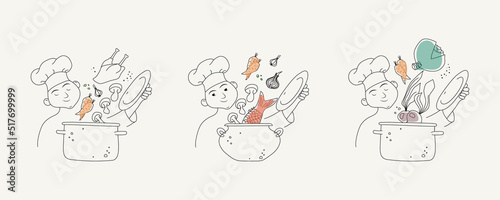 Chef's specials - chicken soup, fish soup and vegetarian soup, vector illustration of three characters cooking food in the pot