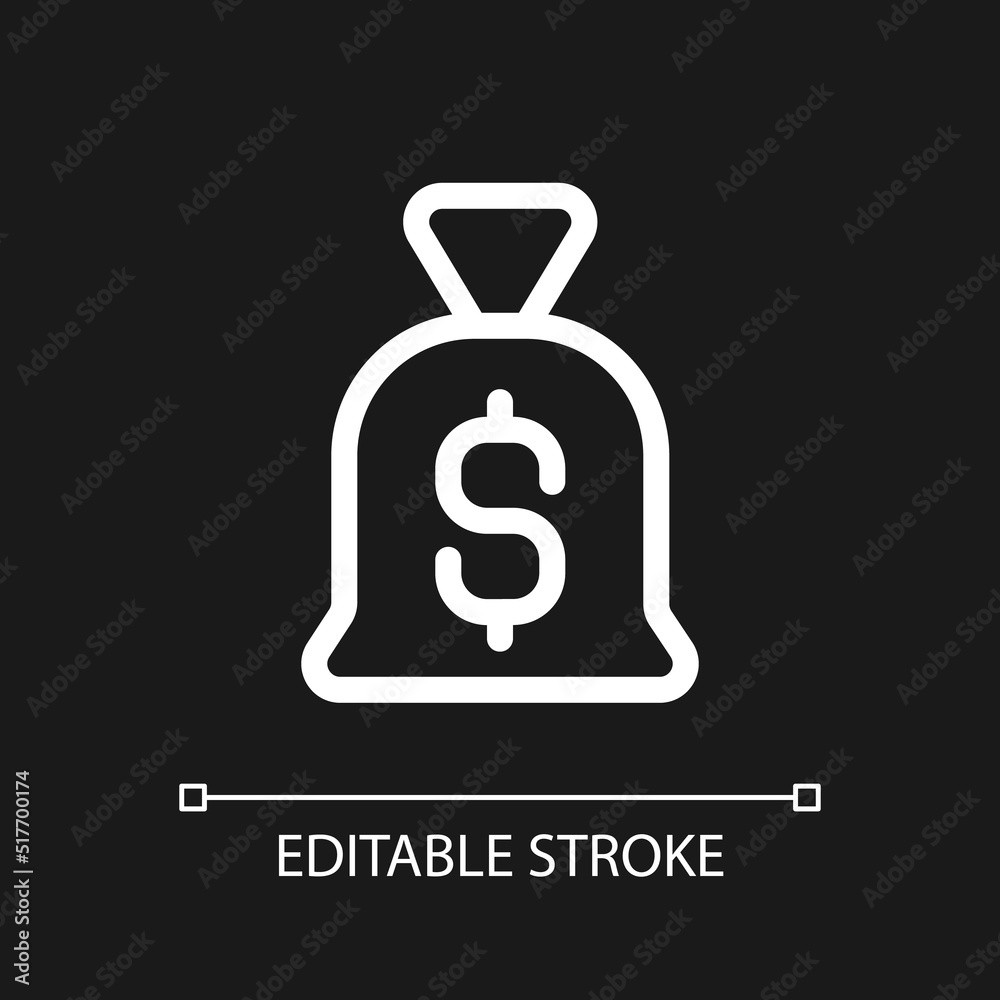 Bag of money pixel perfect white linear ui icon for dark theme. Personal savings. Vector line pictogram. Isolated user interface symbol for night mode. Editable stroke. Arial font used Bag of money pixel perfect white linear ui icon for dark theme. Personal savings. Vector line pictogram. Isolated user interface symbol for night mode. Editable stroke. Arial font used