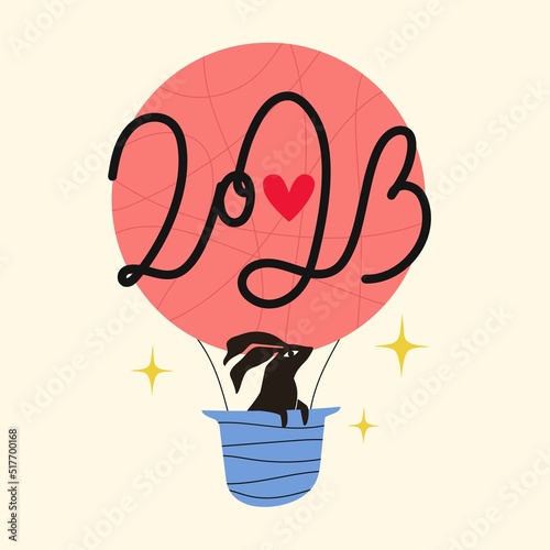 Vector illustration with black rabbit flying on pink aerostat and new year lettering number 2023. Trendy celebration print design with hare, stars and calligraphy