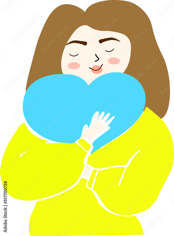 The girl hugs a heart with the colors of the flag of Ukraine. The girl hugs a heart with the colors of the flag of Ukraine.