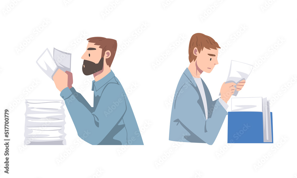 Set of businessman sitting at desk with pile of paper documents cartoon vector illustration Set of businessman sitting at desk with pile of paper documents cartoon vector illustration