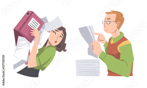Overloaded man and woman employees with huge stacks of document cartoon vector illustration