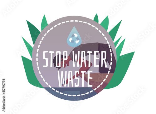 Stop water waste sticker, thirsty man in the desert drinking water from pond - flat vector illustration on white.
