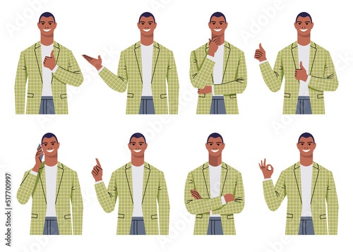 A set of portraits of a businessman in various poses and gestures. Young black man in suit isolated. Gestures of agreement, showing, thinking, thumbs up, calling, arms crossed, Ok. Flat vector.