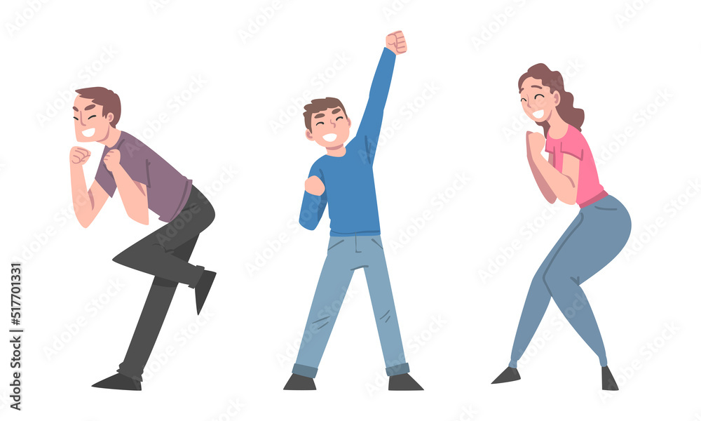Fototapeta premium Happy smiling young people celebrating success with their hands raised set cartoon vector illustration