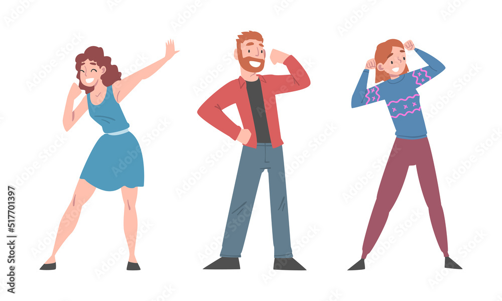 Happy smiling young people celebrating success or achievement set cartoon vector illustration