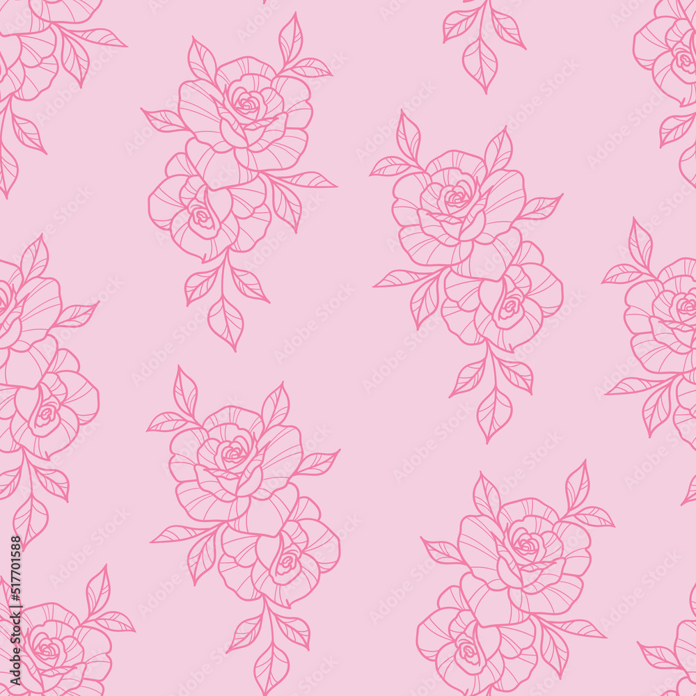 Pink roses vector pattern, with hand drawn rose elements, floral background.