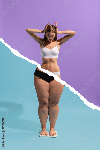 Conceptual collage with young slim girl with body of plus-size woman isolated on blue-purple background. Weight loss, fitness, healthy eating, motivation concept.