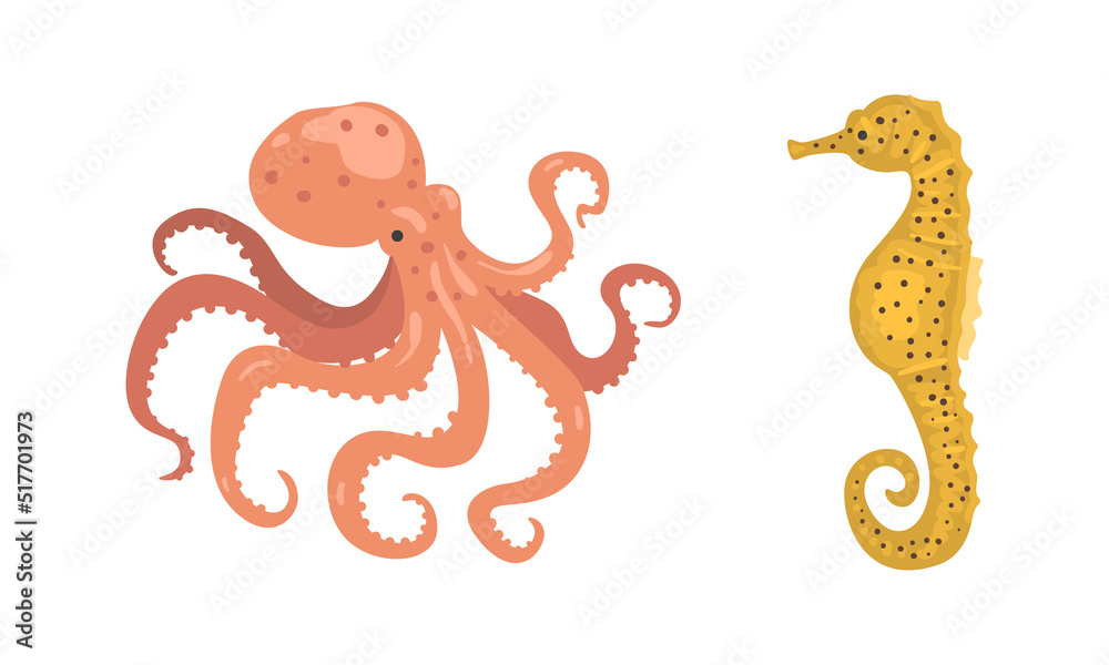Obraz premium Oceanic and sea animals set. Octopus and seahorse marine inhabitants cartoon vector illustration