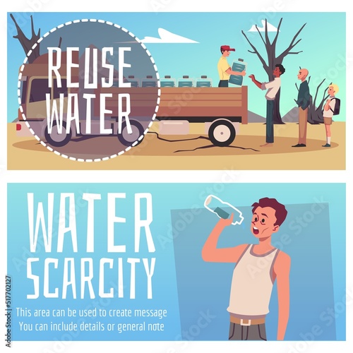Set of horizontal banner about reuse and scarcity water flat style