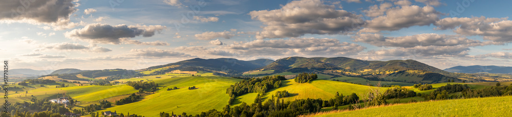Panorama landscape with Snieznik Mountains and Kralicky Sneznik mountain between the Czech Republic and Poland