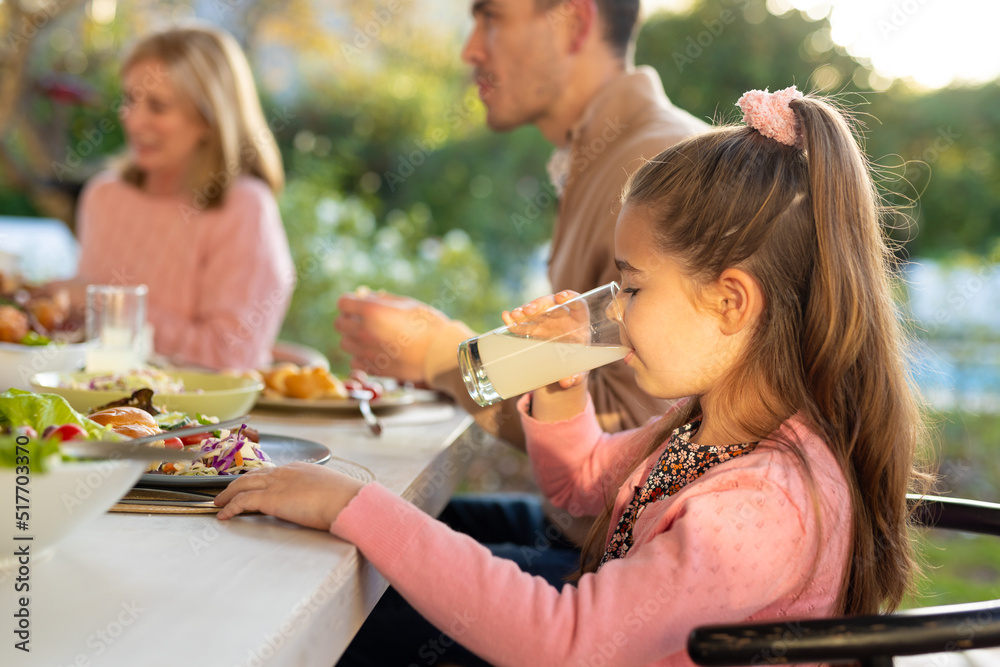Image of caucasian family eating outdoors dinner together